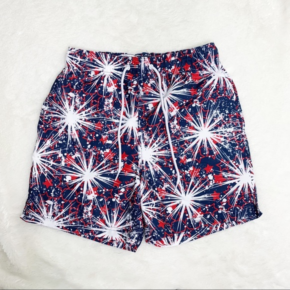 NWOT Jake Austin Fireworks Swim Trunks Red White Blue Men’s Sz S - Picture 1 of 7